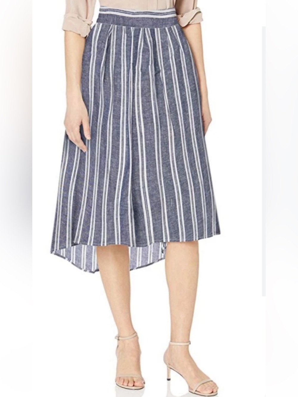 Max Studio Navy and White Striped Asymmetrical Skirt Sz L- Linen Blend